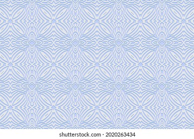 Geometric volumetric convex 3D blue pattern, arabesque for wallpaper, websites, textiles. Embossed stylish floral background in traditional oriental, Indian style. Texture with ethnic ornament.