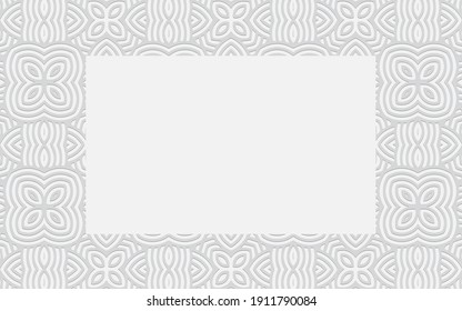 Geometric volumetric convex 3D frame for text. Ethnic embossed white doodling pattern.