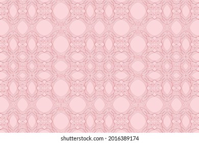 Geometric volumetric convex 3D pattern for wallpapers, presentations, websites, textiles. Embossed background in traditional oriental style. Pink floral texture with ethnic ornament.