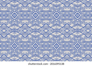 Geometric volumetric convex 3D pattern for wallpaper, websites, textiles. Embossed fashionable background in traditional oriental, Indian style. Blue texture with ethnic ornament. Handmade technique.