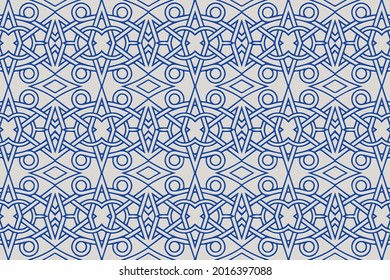 Geometric volumetric convex 3D pattern for wallpaper, websites, textiles. Embossed decorative background in traditional oriental, Indian style. Blue texture with ethnic ornament.