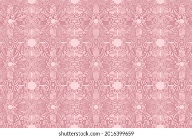 Geometric volumetric convex 3D pattern for wallpapers, presentations, websites, textiles. Embossed artistic background in traditional oriental style. Pink velvet floral texture with ethnic ornament.