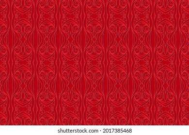 Patrón convexo 3D volumétrico geométrico para papel pintado, sitios web, textiles. Rojo con relieve en un estilo oriental tradicional, indio. Textura con adorno étnico. Técnica única hecha a mano.
