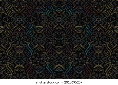 Patrón convexo 3D volumétrico geométrico para papel pintado, sitios web, textiles. Antecedentes artísticos negros en el estilo oriental, indio, mexicano, azteca. Una textura brillante con adorno étnico.