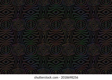 Geometric volumetric convex 3D pattern for wallpaper, websites, textiles. Embossed creative black background in Eastern, Indian, Mexican, Aztec style. Shiny texture with ethnic ornament.