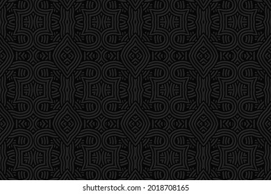 Geometric volumetric convex 3D pattern for wallpaper, websites, textiles. Vector artistic embossed black background in oriental, indian, mexican, aztec style. Texture with ethnic ornament.