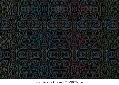 Geometric volumetric convex 3D pattern. Embossed black background in Eastern, Indian, Mexican, Aztec styles. Shiny texture with ethnic ornament. Unique wallpaper for design and decor.

