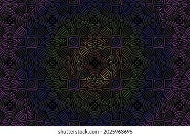 Patrón convexo 3D volumétrico geométrico. Fantasía de fondo negro en estilos oriental, indio, mexicano, azteca. Textura brillante con adorno étnico original.