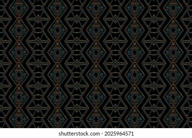 Geometric volumetric convex 3D pattern. Embossed fantasy black background in oriental, indian, mexican, aztec styles. Shiny texture with ethnic trendy ornament.