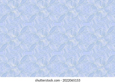 Geometric volumetric convex 3D white pattern. Embossed modern blue background in traditional oriental, Indian style.Texture with ethnic ornament. Arabesque for design and decoration.