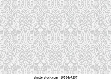 Geometric volumetric convex abstract white background. Ethnic African, Mexican, Indian motives. Doodling style. 3D embossed pattern.
