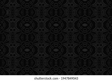 Geometric volumetric convex black background. Ethnic African, Mexican, Native American style. 3D embossed national ornament. Stylish pattern for presentations, textiles, wallpaper.