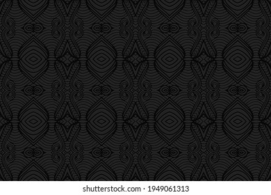 Geometric volumetric convex black background. Ethnic African, Mexican, Indian motives. 3D relief ornament in doodling style. Stylized pattern for wallpaper, textiles, presentations.