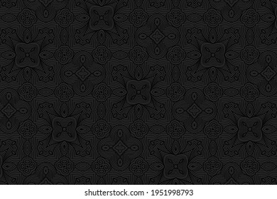 Geometric volumetric convex black background. Ethnic African, Mexican, Indian motives. 3d embossed national colorful pattern.Trendy craft style for wallpaper. 