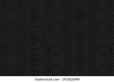 Geometric volumetric convex black background. Ethnic African, Mexican, Indian motives. Handmade style. 3D relief pattern of shapes, polygons and lines for presentations, wallpapers.