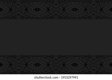Geometric volumetric convex black background. Ethnic African, Mexican, Indian motives. Doodling style. 3D embossed beautiful stylish pattern. Horizontal inserts.