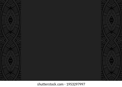 Geometric volumetric convex black background. Ethnic African, Mexican, Indian motives. Doodling style. 3D embossed beautiful stylish pattern. Vertical inserts.