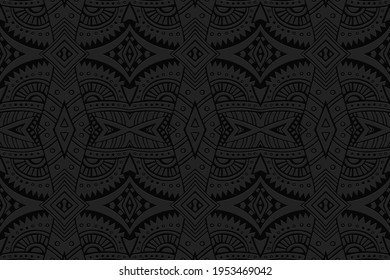 Geometric volumetric convex black background. Ethnic African, Mexican, Indian motives. Doodling style. 3d embossed national stylish fashion pattern.