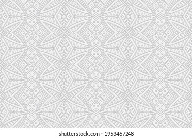 Geometric volumetric convex decorative original white background. Ethnic African, Mexican, Indian motives. Doodling style. 3D embossed pattern.