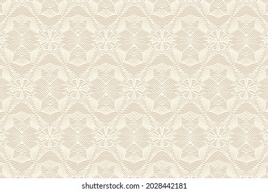 Geometric volumetric convex ethnic 3D pattern. Embossed light beige background in oriental, indonesian, mexican, aztec styles. Floral texture, vintage ornament.