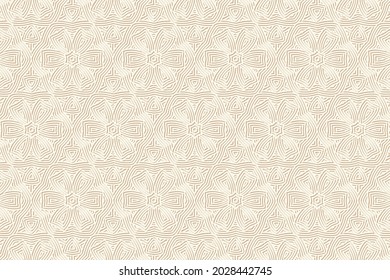 Geometric volumetric convex ethnic 3D pattern. Embossed light beige background in oriental, indonesian, mexican, aztec styles. Floral stylized texture, vintage ornament.