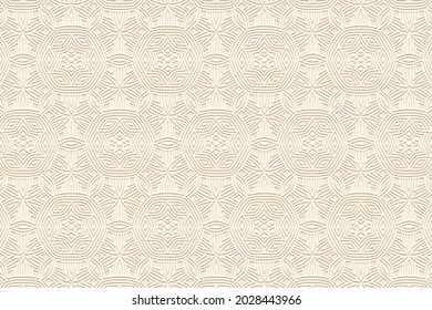 Geometric volumetric convex ethnic 3D pattern. Embossed light beige background in oriental, indonesian, mexican, aztec styles. Unique creative texture, vintage ornament.