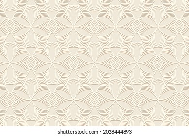 Geometric volumetric convex ethnic 3D pattern. Embossed light beige background in oriental, indonesian, mexican, aztec styles. Elegant floral texture, vintage ornament.