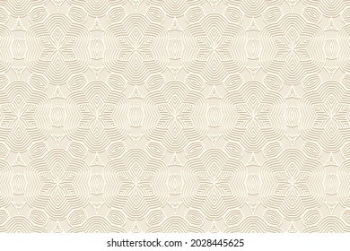 Geometric volumetric convex ethnic 3D pattern. Embossed light beige background in oriental, indonesian, mexican, aztec styles. Graceful texture, vintage ornament.