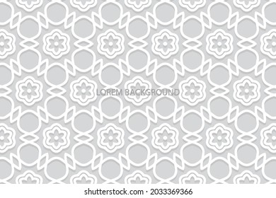 Geometric volumetric convex ethnic 3D pattern. Embossed original white background. Cut paper effect. Oriental, Indonesian, Asian motives in arabesque style, lace texture.