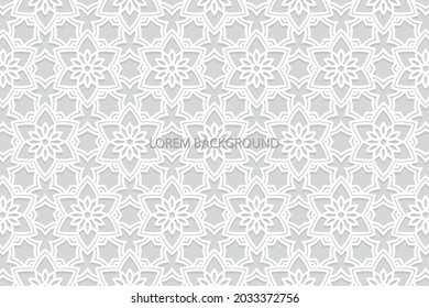 Geometric volumetric convex ethnic 3D pattern. Embossed floral white background. Cut paper effect. Oriental, Indonesian, Asian motives in arabesque style, lace texture.