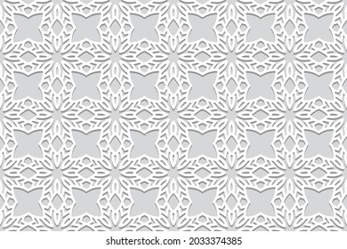 Geometric volumetric convex ethnic 3D pattern. Embossed trendy white background. Cut paper effect. Oriental, Indonesian, Asian motives in arabesque style, lace texture.