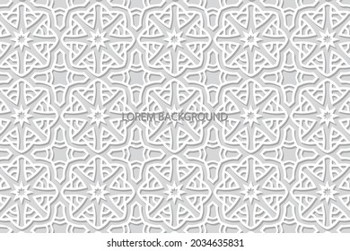 Geometric volumetric convex ethnic 3D pattern, cover design. Embossed white background, floral arabesque. Cut paper effect. Oriental, Indonesian, Asian motives, lace texture.
