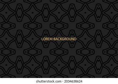 Geometric volumetric convex ethnic 3D pattern, cover design. Embossed black background, arabesque. Oriental, Indonesian, Asian motives, texture with decorative ornaments.