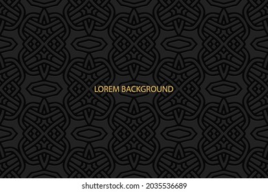 Geometric volumetric convex ethnic 3D pattern, cover design. Embossed decorative black background, arabesque. Oriental, Indonesian, Asian motives, texture with artistic ornaments.