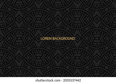 Geometric volumetric convex ethnic 3D pattern, cover design. Embossed unique black background, arabesque. Oriental, Indonesian, Asian motives, texture with artistic ornaments.