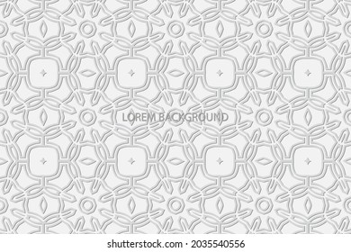 Geometric volumetric convex ethnic 3D pattern, cover design. Embossed minimalistic white background, arabesque. Oriental, Indonesian, Asian original motives, texture with ornaments.
