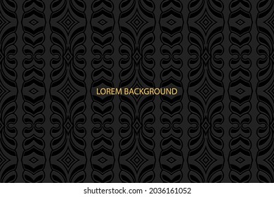 Geometric volumetric convex ethnic 3D pattern, cover design. Embossed vintage exotic black background, handmade ornament. Oriental, Indonesian, Asian, Mexican, Aztec motives.