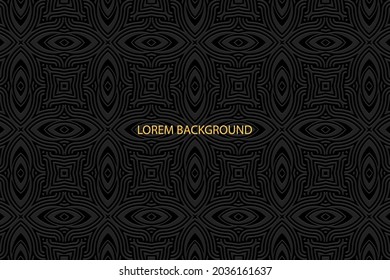 Geometric volumetric convex ethnic 3D pattern, cover design. Embossed vintage trendy black background, handmade ornament. Oriental, Indonesian, Asian, Mexican, Aztec motives.