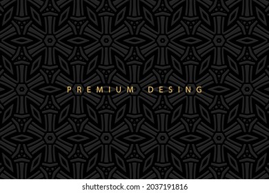 Geometric volumetric convex ethnic 3D pattern, cover design. Embossed vintage black background, doodling ornament, beautiful arabesque. Oriental, Indonesian, Asian, Mexican, Aztec motives.