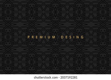 Geometric volumetric convex ethnic 3D pattern, cover design. Embossed vintage black background, doodling ornament, graceful arabesque. Oriental, Indonesian, Asian, Mexican, Aztec motives.