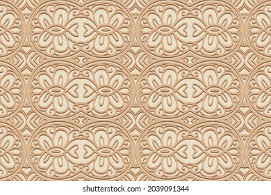 Geometric volumetric convex ethnic 3D pattern. Embossed original beige background. Cut paper effect, openwork lace texture, arabesque. Oriental, Indonesian, Asian motives.