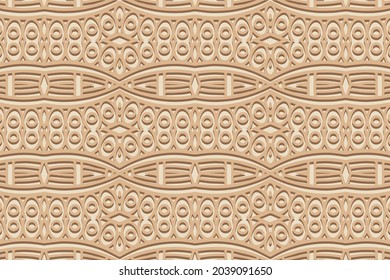 Geometric volumetric convex ethnic 3D pattern. Embossed stylish beige background. Cut paper effect, openwork lace texture, arabesque. Oriental, Indonesian, Asian motives.