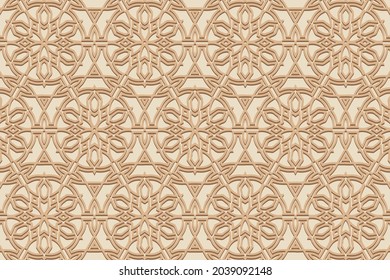 Geometric volumetric convex ethnic 3D pattern. Embossed floral beige background. Cut paper effect, openwork lace texture, arabesque. Oriental, Indonesian, Asian motives.