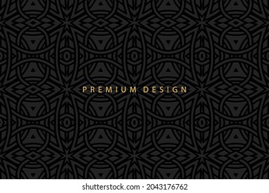 Geometric volumetric convex ethnic 3D pattern, cover design. Embossed black background, exotic ornament in the technique of handmade and doodling. Oriental, Indian, Asian, Mexican, Aztec motives.