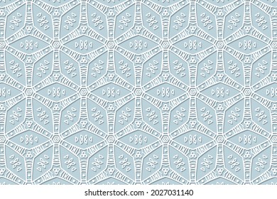 Geometric volumetric convex ethnic white 3D pattern. Embossed stylish blue background in oriental, Indonesian style. Lace texture, cut paper ornament.