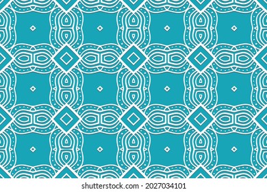 Geometric volumetric convex ethnic white 3D pattern. Embossed artistic blue background in oriental, Indonesian style. Lace texture, cut paper ornament.