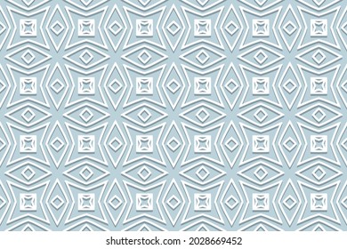 Geometric volumetric convex ethnic white 3D pattern. Embossed blue background in oriental, indonesian, asian styles. Fashionable arabesque, lace texture, paper cut ornament.