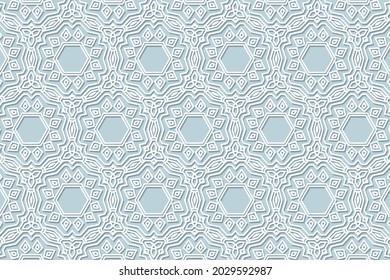 Geometric volumetric convex ethnic white 3D pattern. Embossed blue background. Oriental, Indonesian, Asian motifs in arabesque style, lace decorative texture, cut paper ornament.