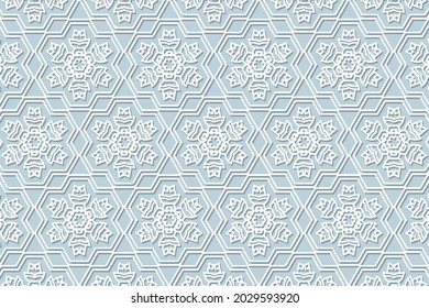 Geometric volumetric convex ethnic white 3D pattern. Embossed blue background. Oriental, Indonesian, Asian motives in the style of arabesque, lace delicate texture, cut paper ornament.