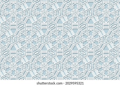 Geometric volumetric convex ethnic white 3D pattern. Embossed blue background. Oriental, Indonesian, Asian motives in arabesque style, lace stylish texture, cut paper ornament.
